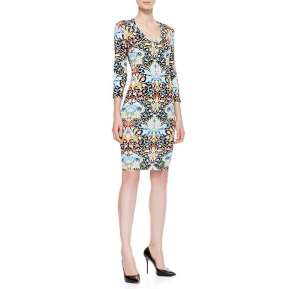 Just Cavalli Lotus Printed Jersey Sheath Dress Womens Size Medium Black Multi - Picture 1 of 10